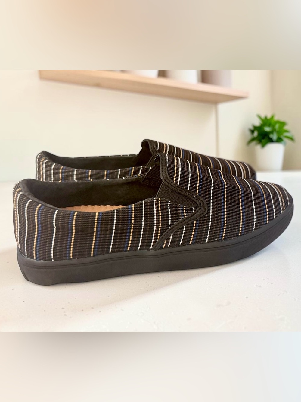 Bernie Mev Verona Sneakers Black Multicolor Striped Slip-On Comfort Loafers NIB